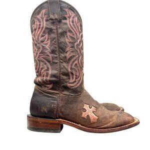 Tony Lama Lashka Chocolate Brown Leather Pink Cross Inlay 12" Western Boots 7.5E